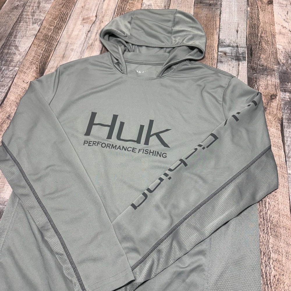 Huk Performance Fishing Hoodie Mens Medium Gray Long Sleeve Sun Shirt Activewear